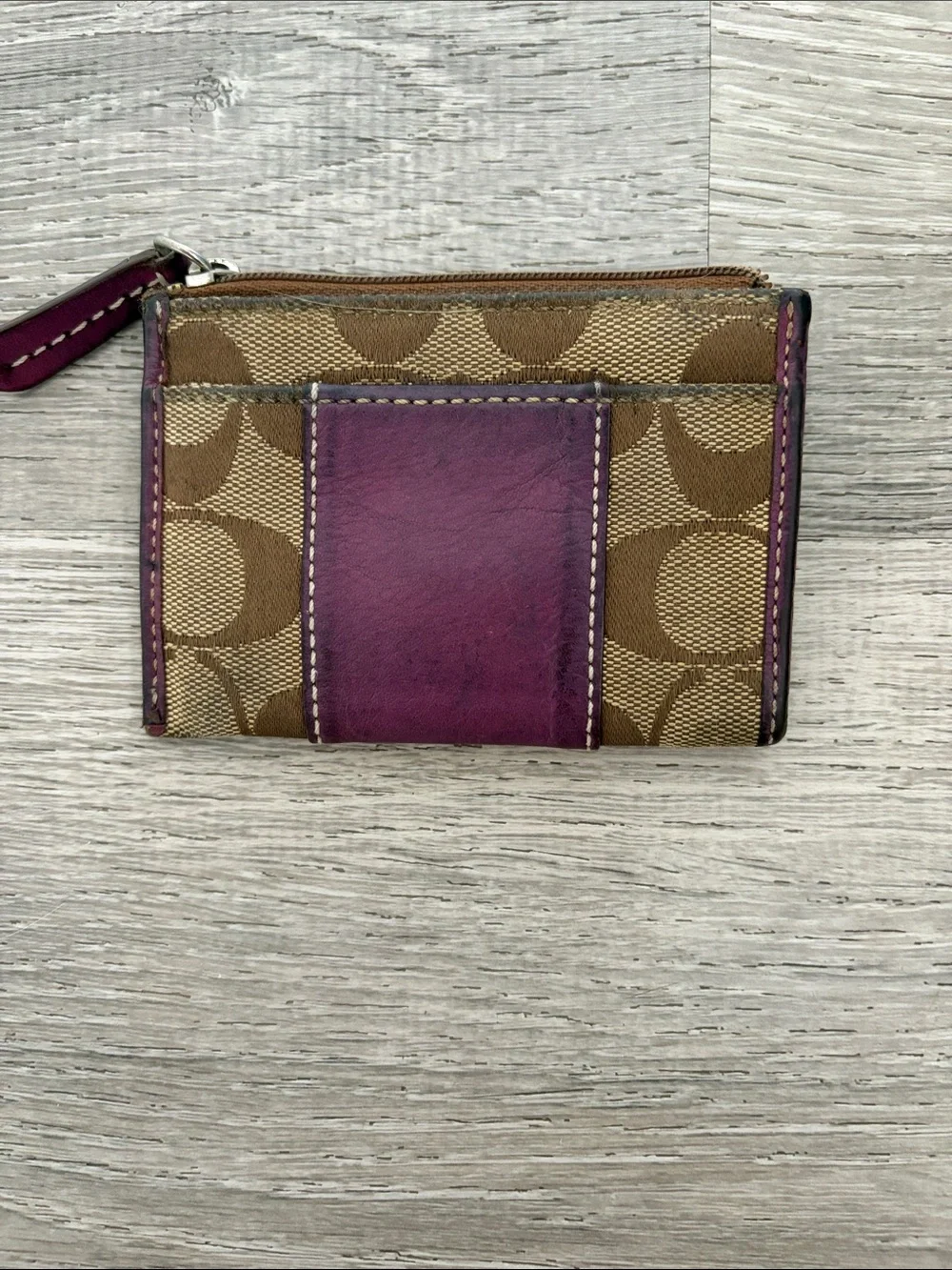 Coach Brown Signature Canvas with Purple Leather Zip Card Case